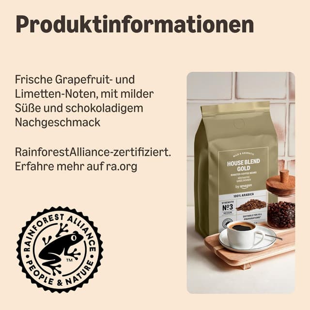 Detalle de by Amazon House Blend Gold Kaffee-Bohnen (100% Arabica), Röststärke 3, medium, 1 kg