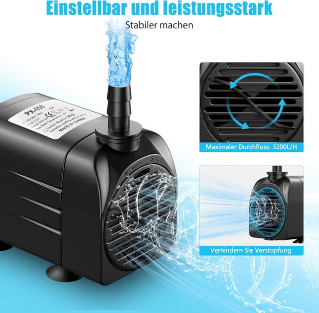 Detalle de Lnicez Aquarium Pumpe 45 W mit 3.200 L/h – Tauchpumpe für Aquarium, Teich & Springbrunnen