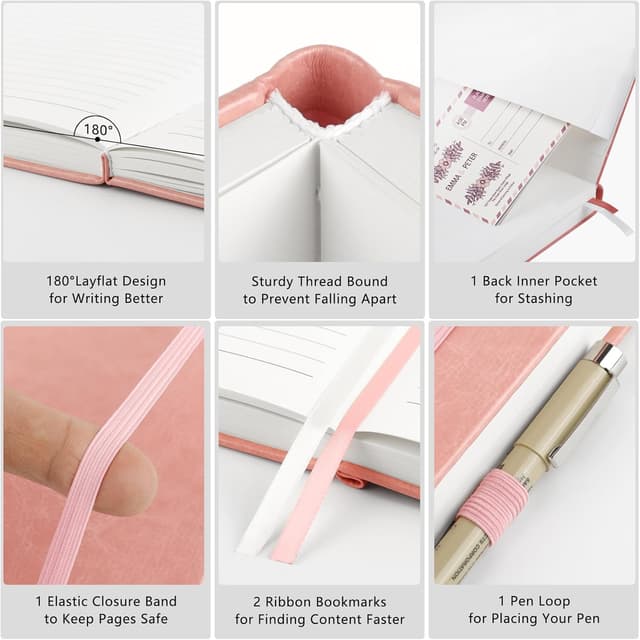 Detalle de A5 Hardback Thick Notebook (320 Pages) with Elastic Closure, Pen Loop & Inner Pocket – Pink, 14.5 x 21cm