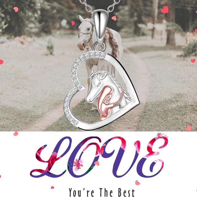 Detalle 2 de Yuluzeln Pferdehalskette mit Herz-Anhänger für Mädchen und Erwachsene – versilbert, nickelfrei, mit Geschenkbox