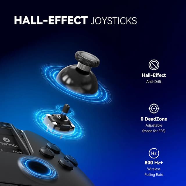 Detalle de FIEHDUW NO DRIFT ManbaOne — manette interactive à écran, joysticks à effet Hall et station de charge pour PC/Switch/iOS/Android