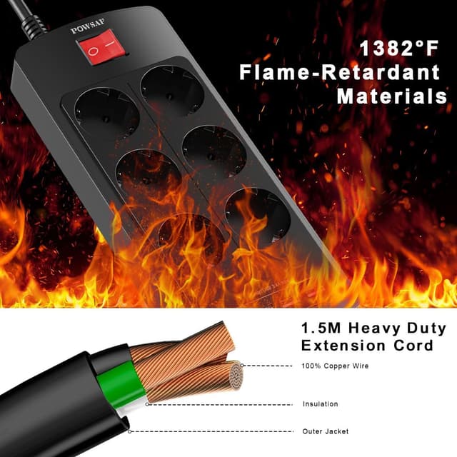 Detalle de POWSAF Steckdosenleiste mit USB‑C, 6 AC-Steckdosen und 3× USB‑A + 1× USB‑C – mit Schalter (Homeoffice, Schwarz)