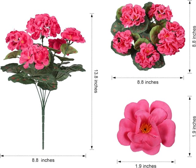 Detalle de HyeFlora Artificial Geranium Fake Flowers for Outdoors Decoration (6 Bundles) — UV Resistant Silk, Hot Pink