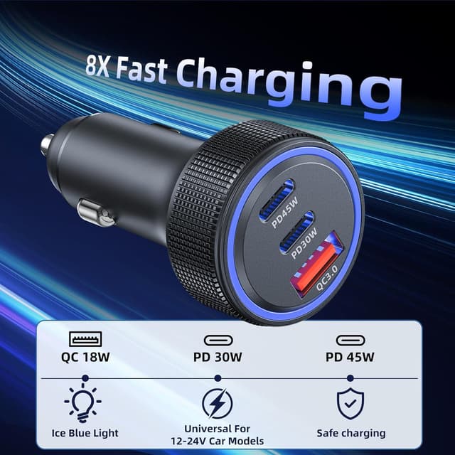 Detalle de Caricatore auto USB 3 porte 93W con USB-C PD 45W/30W e QC3.0 18W