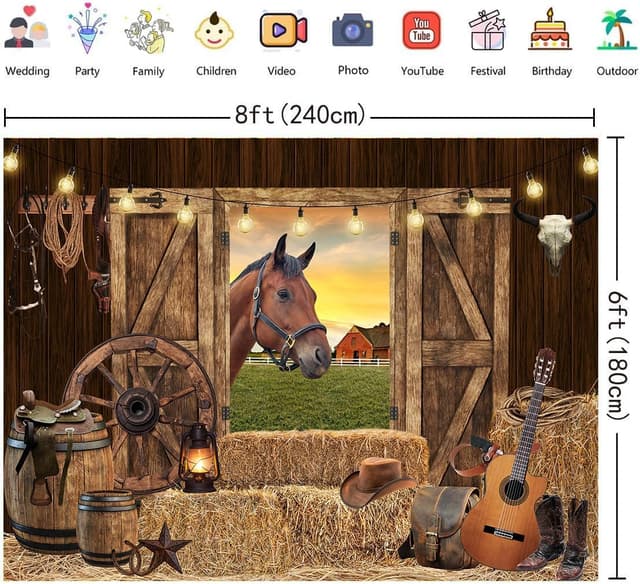 Detalle de 8x6ft Western Cowboy Backdrop (Rodeo Horse Theme) – Polyester photo prop for barn, birthday & party décor