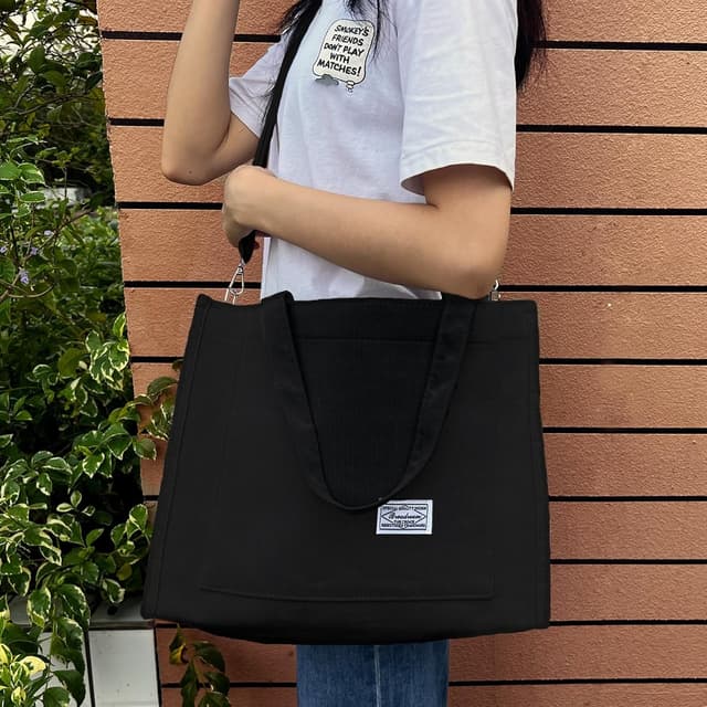 Detalle de Tibroni Sac à main femme en velours côtelé noir : cabas rétro, bandoulière réglable