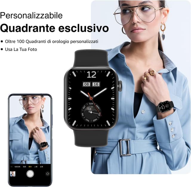 Detalle de Smartwatch Uomo Donna con schermo 1,85”, chiamate Bluetooth e IP68 (P2) — 140 modalità sportive, contapassi e SpO2