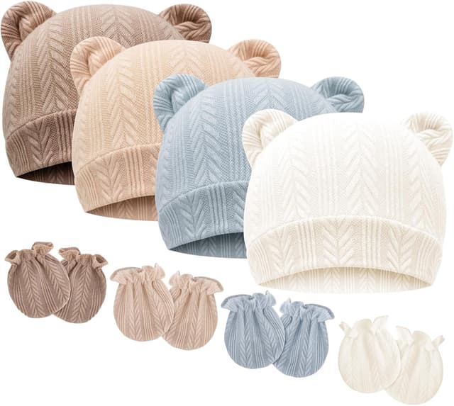 Thumbnail 6 de DRESHOW bonnets et moufles de naissance en coton extensible (0-6 mois) – lot de 4