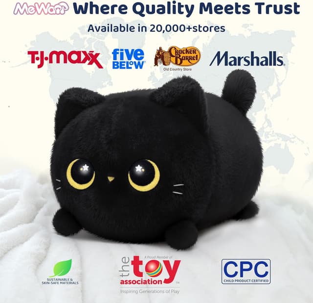 Detalle de Mewaii 16-inch Soft Black Cat Plush Pillow – Squishy cuddle plush for kids and adults