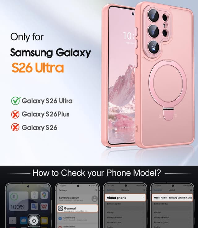 Detalle 2 de JAME for Samsung Galaxy S26 Ultra Case (Pink) with 2-Pack Screen Protector, Camera Protection & Magnetic Stand