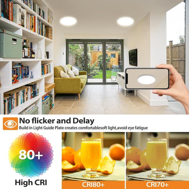 Detalle de slochi LED-Deckenleuchte flach 18W, Ø22 cm, 3 Lichtfarben (3000/4000/6500 K) – IP44 für Bad & Flur