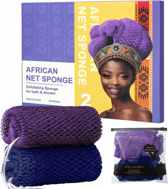 Detalle de Lanjue African Bath Sponge Exfoliating Net (2 Pack) – Stretchable nylon body sponge for shower & travel