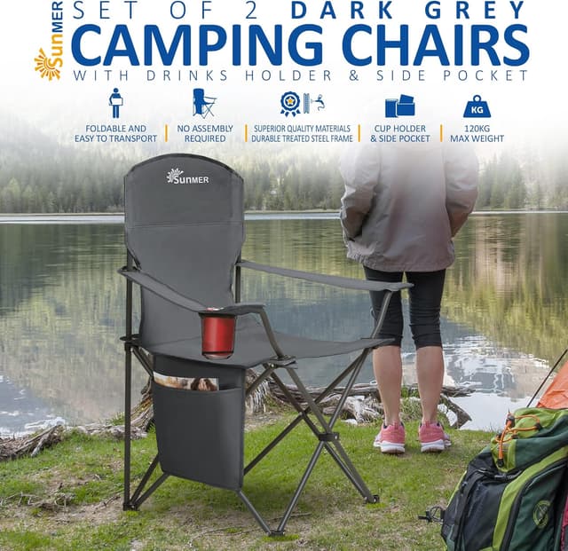 Detalle 2 de SUNMER Folding Camping Chairs (Set of 2) – Extra-Wide Lightweight Outdoor Chairs with Armrests, Cup Holder & Side Pocket – Dark Grey