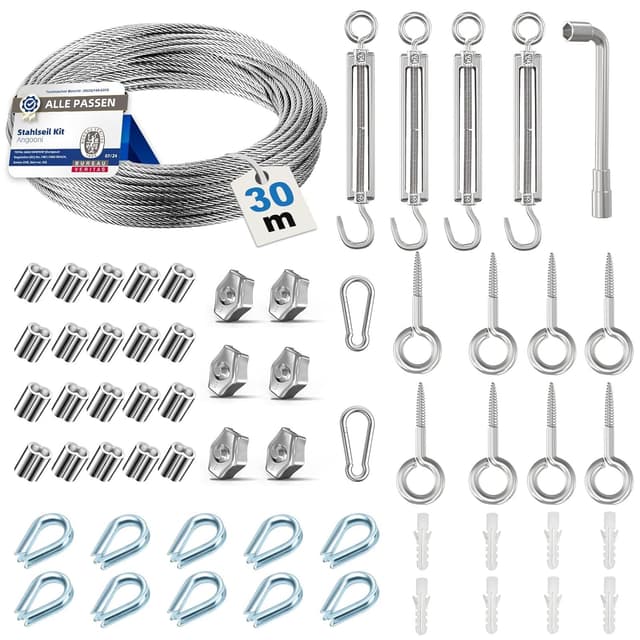 Stahlseil-Kit 58-teilig, 30 m Edelstahlseil