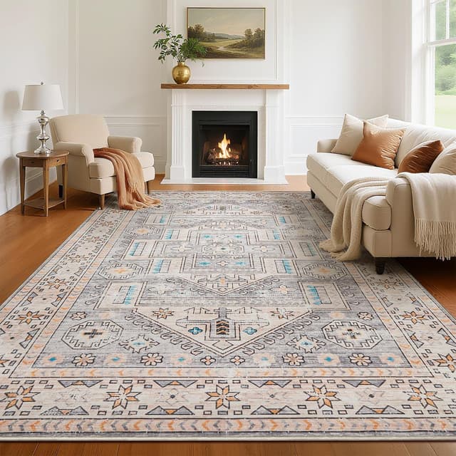 Detalle de Tapis Vasip Salon Vintage à poil ras lavable en machine avec dos antidérapant, style rétro floral 200x300 cm