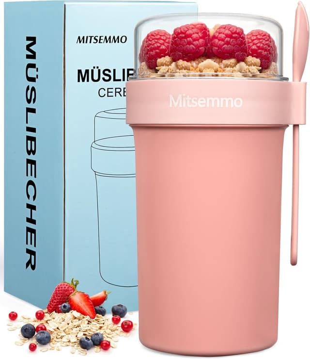 Detalle de Mitsemmo Müslibecher to Go 760 ml + 230 ml (Rosa) – Müsli- & Joghurtbecher mit Löffel und Dose