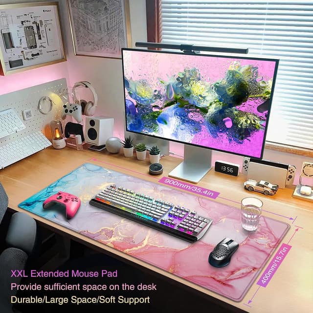 Detalle 2 de Acezeek Gaming-Mauspad XXL 900x400 mm mit Anti-Rutsch-Basis, wasserfest – Pink/Blau