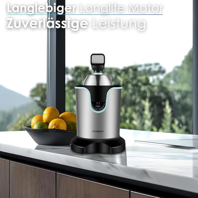 Detalle de Elektrische Saftpresse Zitruspresse 800 Watt mit Longlife-Motor & Edelstahlgehäuse (für Zitronen, Orangen, Limetten, Grapefruit)