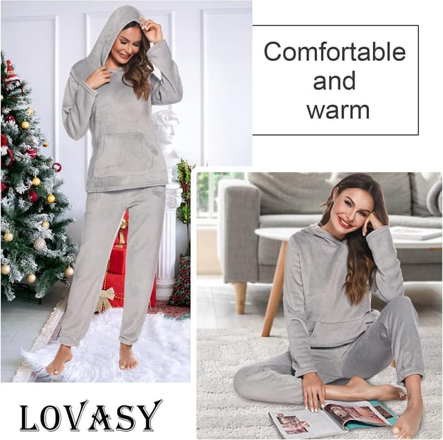 Detalle 2 de Ensemble de pyjama femme en polaire Lovasy avec capuche et grandes poches