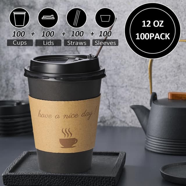 Detalle 2 de BYSNOW 100-Pack Insulated 12-Ounce Paper Coffee Cups with Lids, Sleeves & Straws