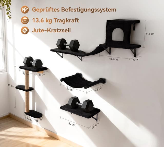Detalle de Kletterwand Katzen Set 4-in-1 (Hängematte, Katzenhaus, Katzenbrücke, Sisal-Kratzsäulen) – wandmontiert