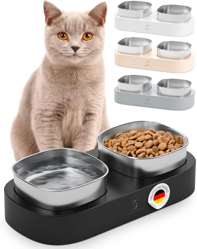 Detalle de Pretty Paw erhöhter Doppel-Futternapf mit rutschfester Plattform und Edelstahlschalen (Schwarz)