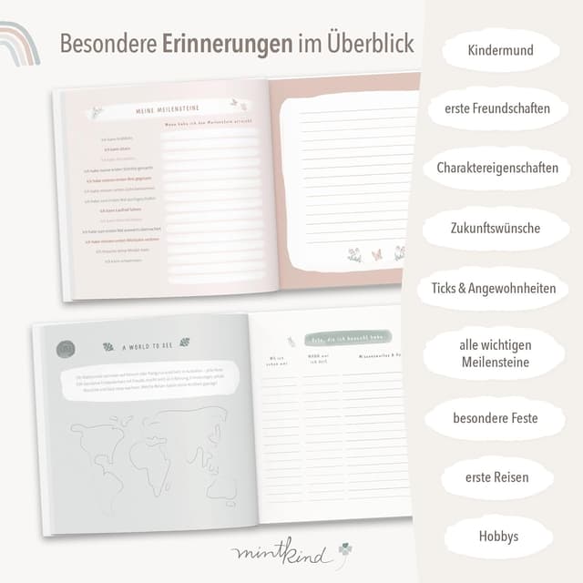 Detalle 2 de mintkind® Erinnerungsalbum Kindheit Beige – Babybuch mit Sticker-Set, Hardcover-Fotoalbum (0–10 Jahre)
