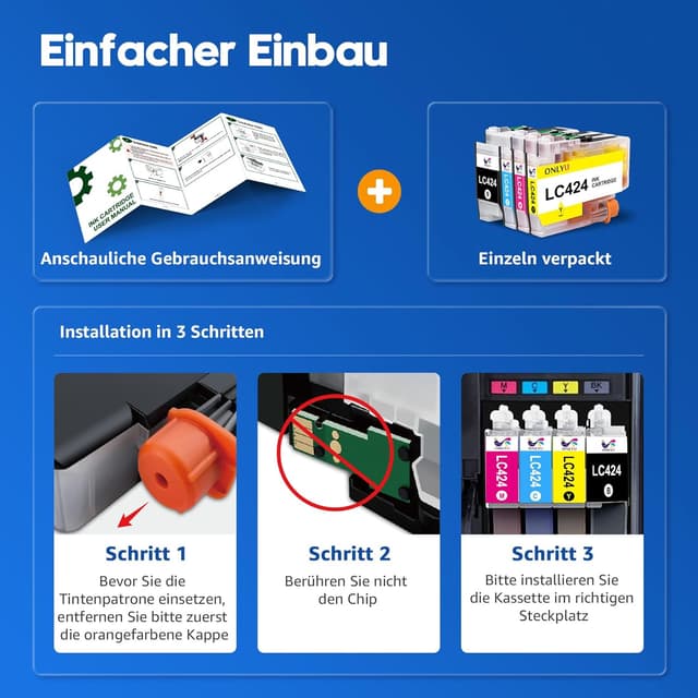 Detalle de ONLYU LC424 kompatible Brother LC424 für DCP-J1200W/DCP-J1200WE – 1× Schwarz, 1× Cyan, 1× Magenta, 1× Gelb