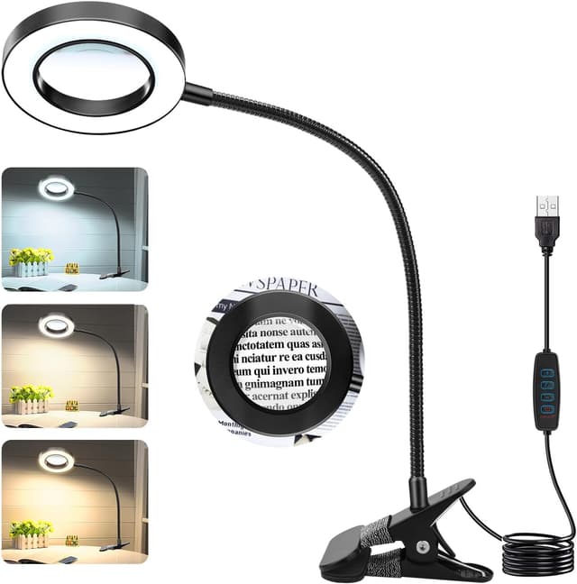 Detalle de JUOIFIP 10X Magnifying Glass with Light and Stand (USB) – clamp lamp with 3 light modes