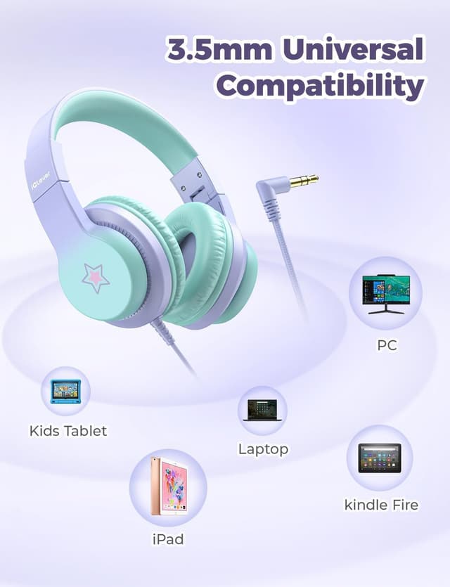 Detalle de iClever Kids HS19S over-ear headphones with safe 85dBA volume limit (3.5mm wired, foldable)