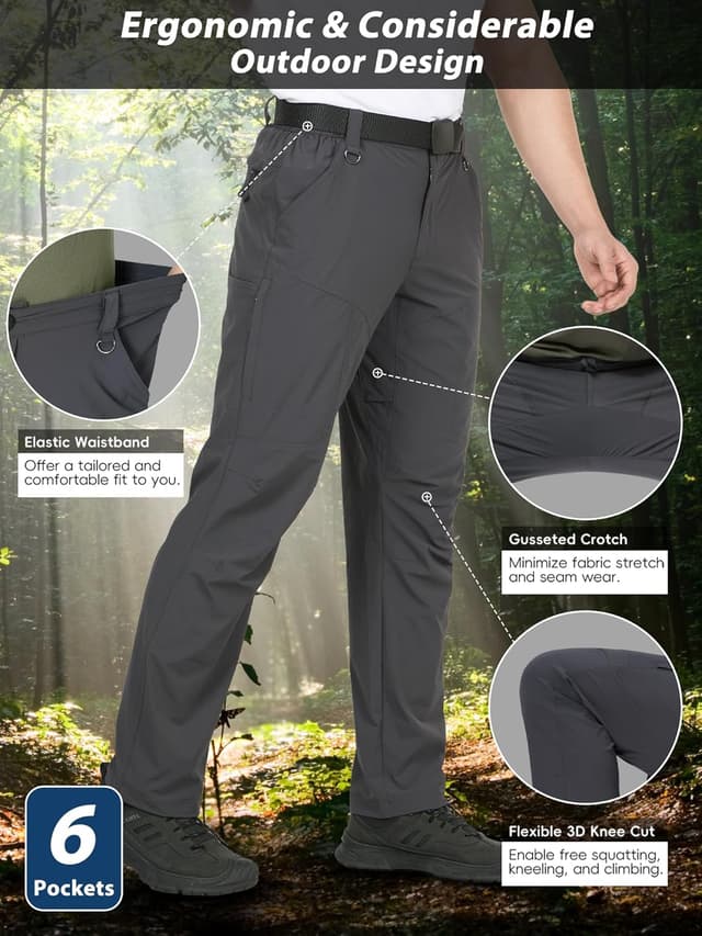 Detalle de Men’s Lightweight Cargo Hiking Pants (6 Pockets) — Nylon Stretch Waterproof Quick-Dry Travel Workwear