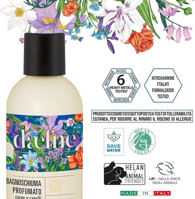Detalle 2 de Helan Daefne Shampoo e Bagnoschiuma Uomo e Donna addolcente con Vitamina C, Mandorle Dolci, Iris e Alloro