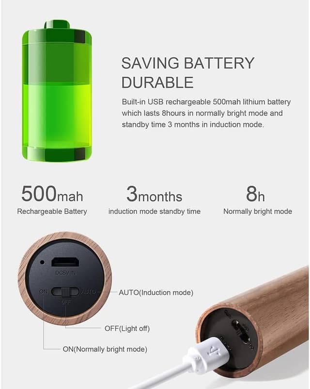 Detalle de LANDGOO Bewegungsmelder Nachtlichter mit Magnet – wiederaufladbar, tragbare LED-Licht für Flur & Treppenhaus (2er-Set, Walnussholz)