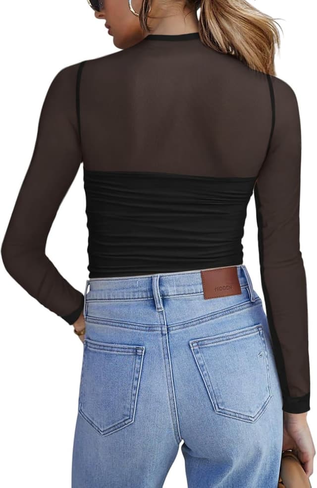 Detalle de Zeagoo Damen Mesh Oberteil – transparentes Langarmshirt mit Rundhalsausschnitt für Party & Clubwear (Slim Fit)