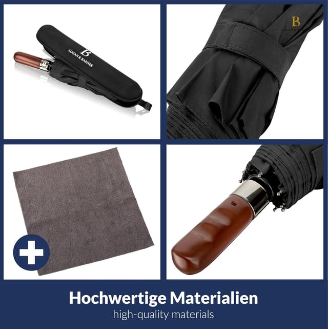 Detalle de LOGAN & BARNES Regenschirm Dublin – sturmfest bis 140 km/h, Auf-Zu-Automatik, Taschenschirm mit Holzgriff