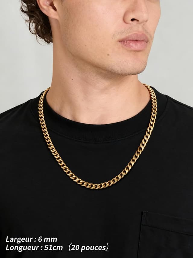 Detalle de FindChic Chaîne homme en acier inoxydable 316L maille cubaine gourmette, largeur 6/9 mm, longueurs 46 à 76 cm