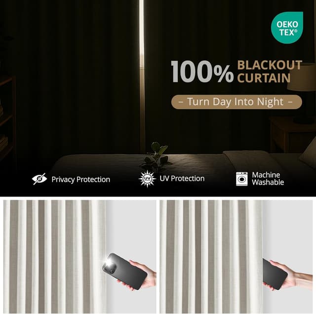 Detalle de DEFYNEE 100% Blackout Curtains for Bedroom (2 Panels), Beige, 50 x 90 Inch Drop