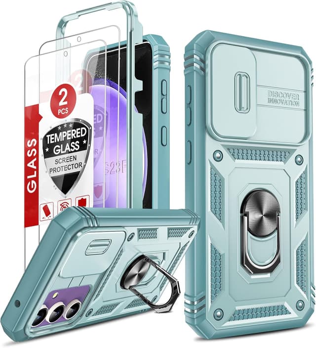 Detalle de LeYi Galaxy S23 FE case with camera cover slider and ring stand (green) + 2-pack tempered glass screen protectors