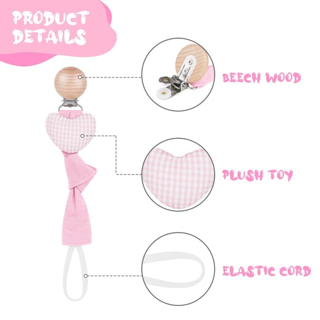 Detalle de Vicloon Schnullerkette aus Baumwolle (3er-Set) mit Clip – Stern/Mond/Herz für Baby