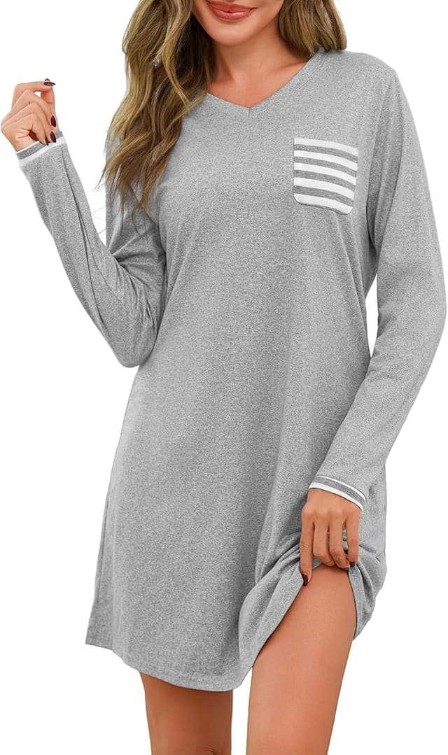 Detalle de Uniexcosm Chemise de nuit manches longues femme en coton (95 %) avec col rond et poche poitrine