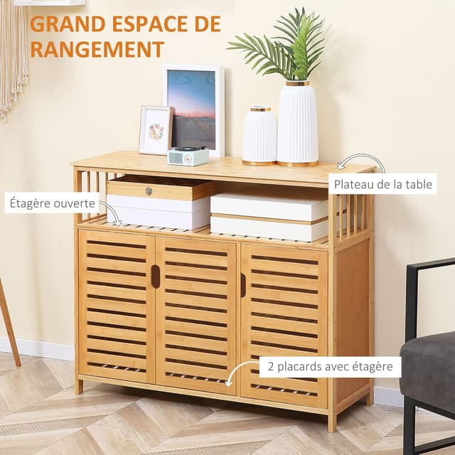 Detalle de HOMCOM Buffet en bambou avec 3 portes et étagères, 100 x 35 x 82 cm