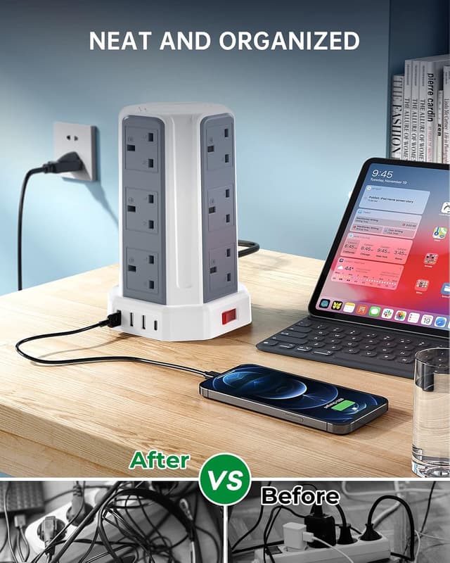 Detalle 2 de Aodeng Tower Extension Lead with USB Slots, 5m 12-way outlets and 4 USB ports (1 Type C + 3 USB-A)