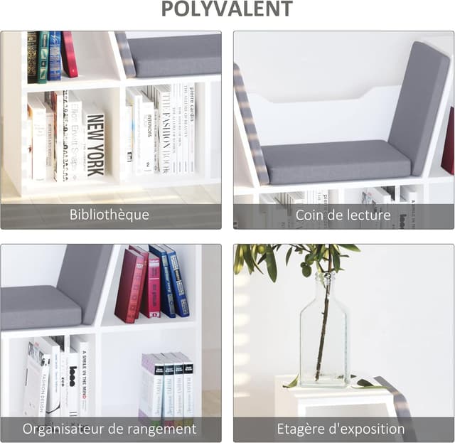 Detalle de HOMCOM bibliothèque-banc 2 en 1 avec coussins de siège et étagère cube 6 compartiments gris