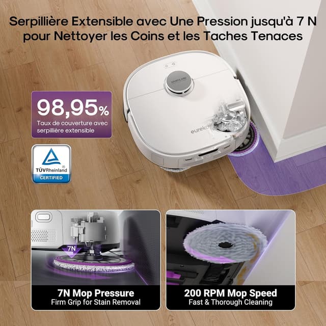 Detalle de Eureka J15 Ultra Gen2 : robot aspirateur-laveur avec station, lavage à 75°C et aspiration 21000Pa