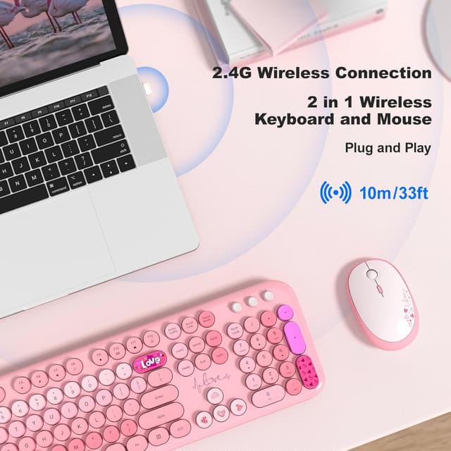 Detalle de MOWUX Wireless Keyboard and Mouse Combo (Full-Size Typewriter Retro Round Keys) + Cute Optical Mouse, Plug and Play — Pink Heart