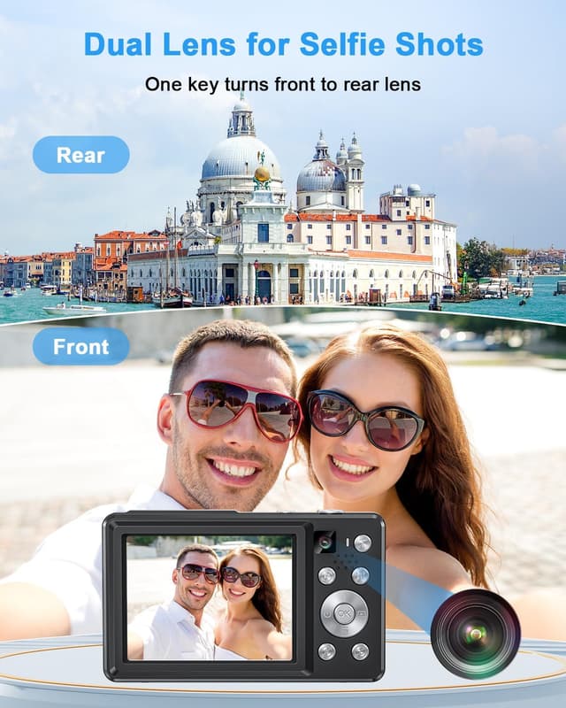 Detalle de Camkory 4K 64MP Digital Camera (Compact Point-and-Shoot with Dual Camera, Auto Focus, 16X Zoom) — Black