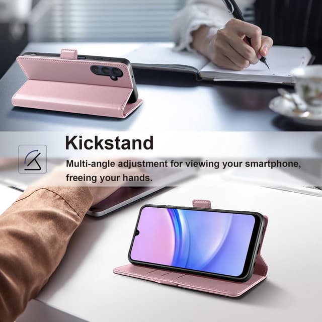 Detalle de Yunubeyii Wallet Flip Case for Samsung Galaxy A15 5G with RFID Blocking, Magnetic Cover & Kickstand (Pink)