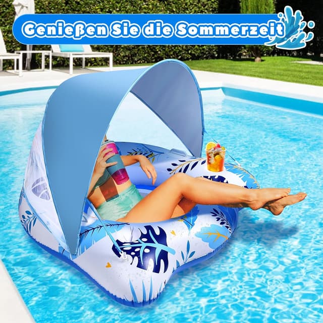 Detalle de JONRRYIN aufblasbare Pool-Luftmatratze/Schwimmsessel mit Sonnendach, Rückenlehne und 2 Getränkehaltern