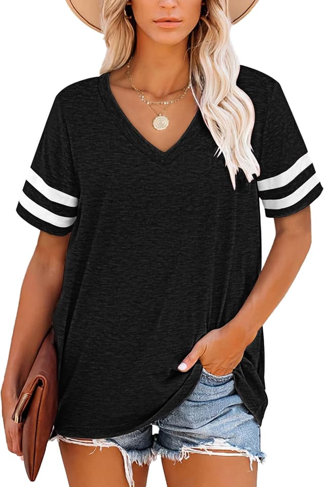 Detalle de MOLERANI t-shirt femme à manches courtes encolure en V rayée, décontracté été (S à 2XL)