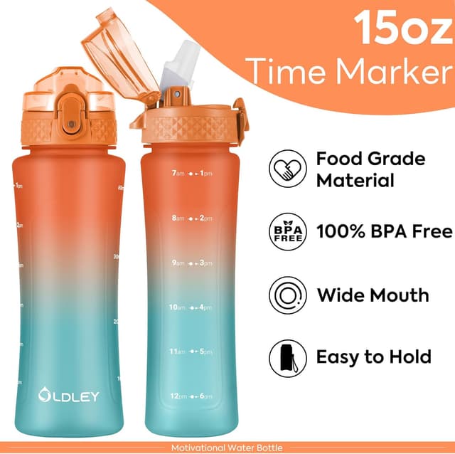 Detalle de OLDLEY 450ml/15oz BPA-free water bottle with straw, time markings and one-touch lid